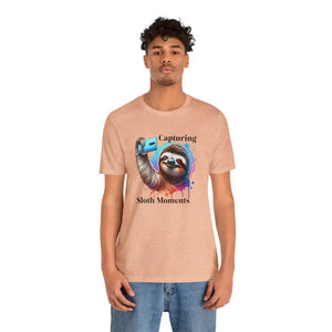 T-shirts - Sloth Selfie Tee - Comfy Cotton Short Sleeve - Dipaliz Heather Peach / s