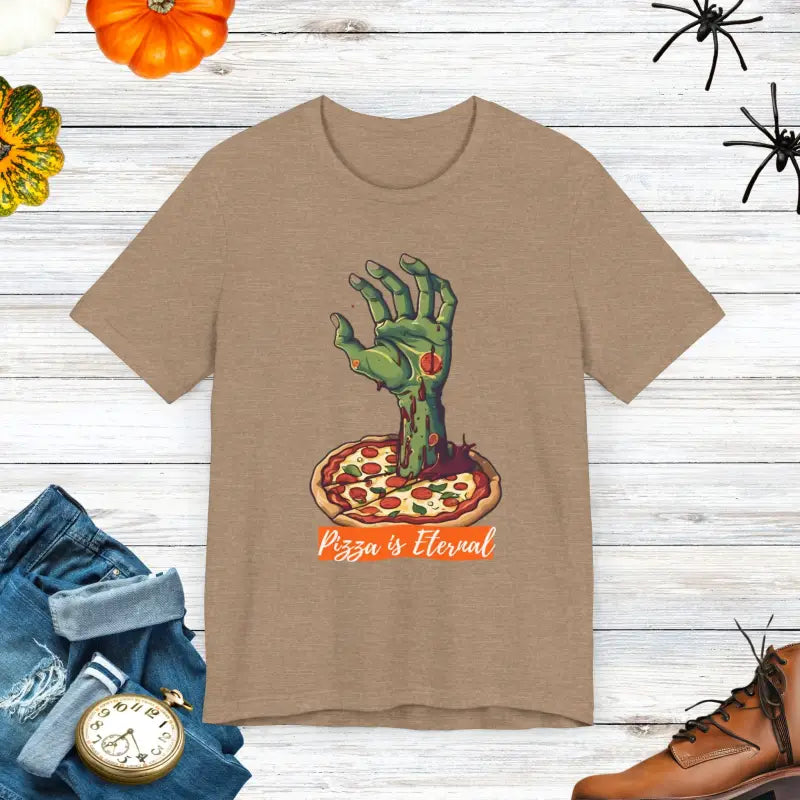 Zombie Hand Pizza Tee: Unleash Eternal Style! - Heather Tan / Xs T-shirt