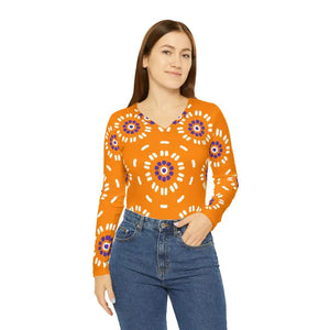 Orange Women’s Tee - Vibrant Floral Pattern v Neck - Dipaliz - T-shirts