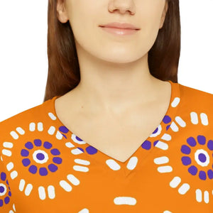 Orange Women’s Tee - Vibrant Floral Pattern v Neck - Dipaliz - T-shirts