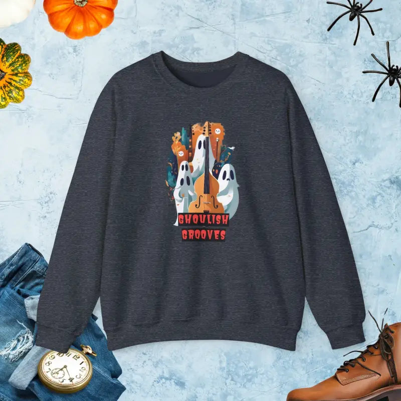 Ghoulish Grooves: Ghosts Playing Guitar Sweatshirt - Heather Sport Dark Navy / s