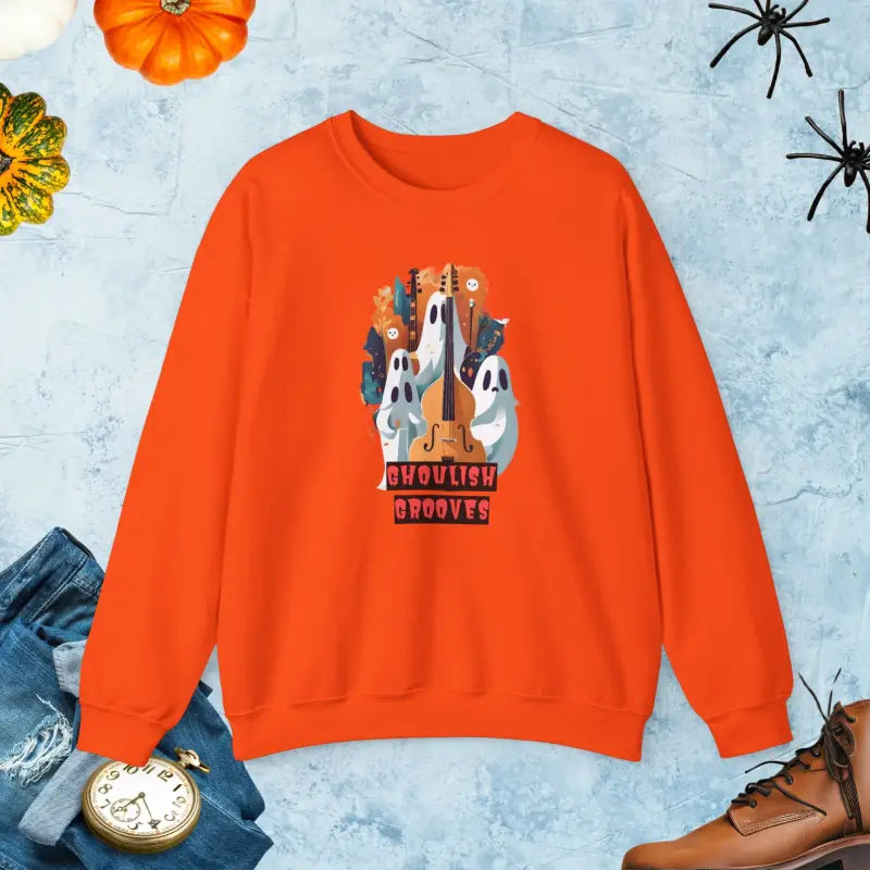 Ghoulish Grooves: Ghosts Playing Guitar Sweatshirt - Orange / s