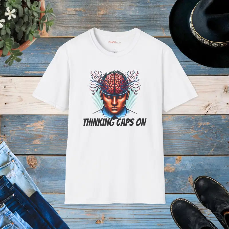 Unlock Style with Softstyle Thinking Caps Tee! - White / s T-shirt