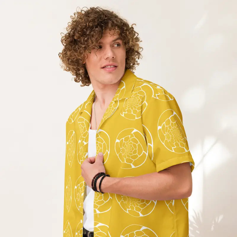 Turn Heads in our Abstract Yellow Unisex Button Shirt this Summer