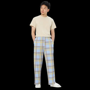 Wide Leg Pants - Blue Checkered Polyester Elastane - Dipaliz