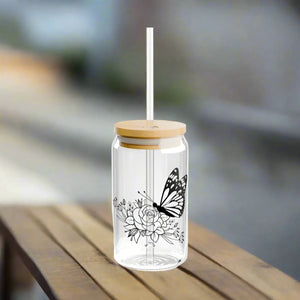 Chic Butterfly on Rose Sipper Glass with Bamboo Lid - Dipaliz - Tumblers