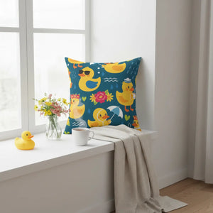 DipaliZ rubber duck throw pillow with yellow ducks on a teal ground