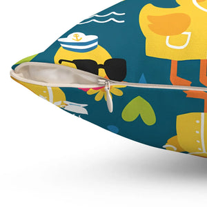 Rubber Duck Pattern Decorative Pillow, Cute Yellow Ducks on Teal - Throw Pillows