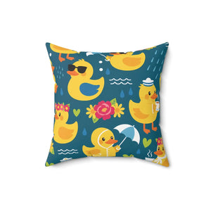 Rubber Duck Pattern Decorative Pillow, Cute Yellow Ducks on Teal - Throw Pillows
