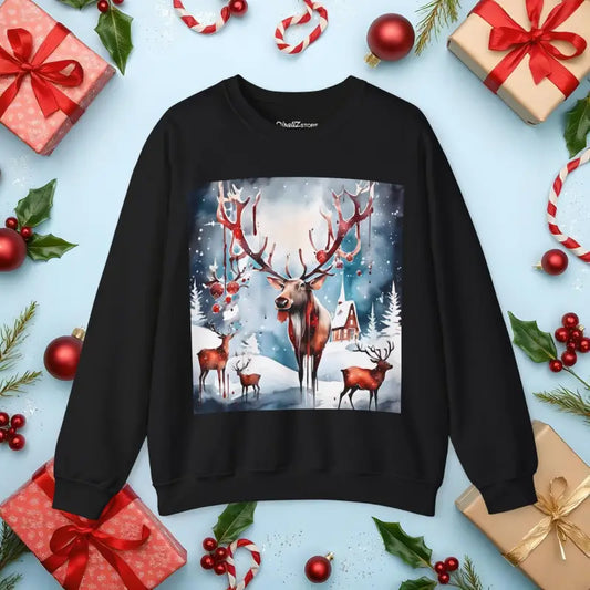 Rudolf the Reindeer with Christmas Decorations Unisex Heavy Blend Crewneck Sweatshirt - s / Black