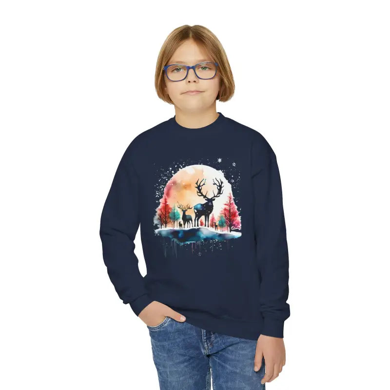 Cozy Rudolf Reindeer Christmas Youth Crewneck Sweatshirt Fun - Navy / Xs Kids Clothes