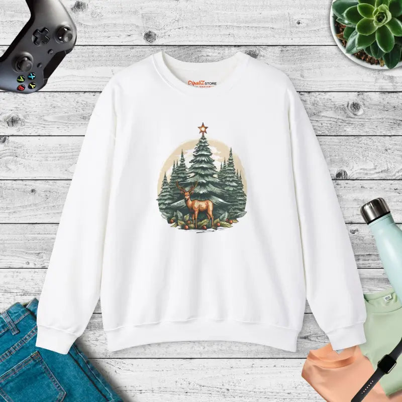 Rudolf the Reindeer with Trees Unisex Heavy Blend Crewneck Sweatshirt - s / White