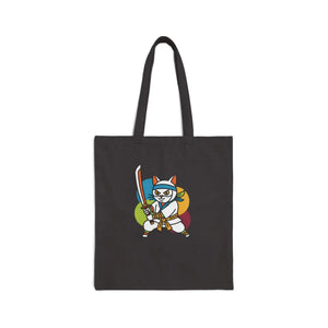 Kawaii Samurai Cat Canvas Tote - Cotton Warrior Bag - Dipaliz - Bags