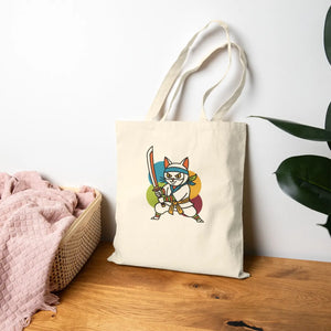 Kawaii Samurai Cat Canvas Tote - Cotton Warrior Bag - Dipaliz - Bags