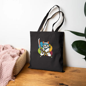 Kawaii Samurai Cat Canvas Tote - Cotton Warrior Bag - Dipaliz - Bags