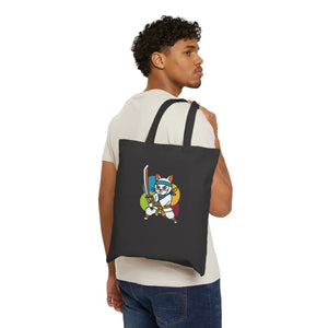 Kawaii Samurai Cat Canvas Tote - Cotton Warrior Bag - Dipaliz - Bags
