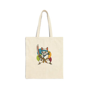 Kawaii Samurai Cat Canvas Tote - Cotton Warrior Bag - Dipaliz - Bags