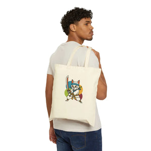 Kawaii Samurai Cat Canvas Tote - Cotton Warrior Bag - Dipaliz - Bags