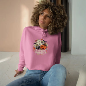Scarry Cute Halloween Crop Hoodie, Women’s Cozy Ghost & Pumpkin Pullover - Hoodies - m