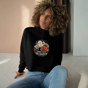 Scarry Cute Halloween Crop Hoodie, Women’s Cozy Ghost & Pumpkin Pullover - Hoodies - m