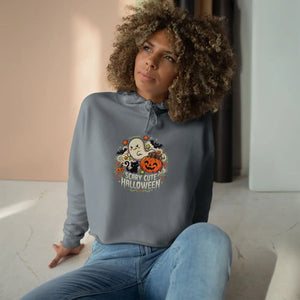 Scarry Cute Halloween Crop Hoodie, Women’s Cozy Ghost & Pumpkin Pullover - Hoodies - m