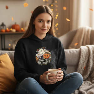 Scarry Cute Halloween Crop Hoodie, Women’s Cozy Ghost & Pumpkin Pullover - Hoodies - m