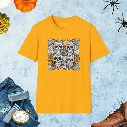 Scary Skulls in Halloween Themed Unisex Softstyle T-shirt - Gold / s