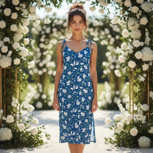 White Flowers Midi Dress – Seamless Tie Strap - Dipaliz - Dresses - s