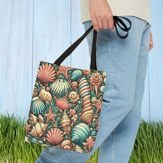 Seashells Tote Bag with Chic Black Cotton Handles - 13’’ × / Bags