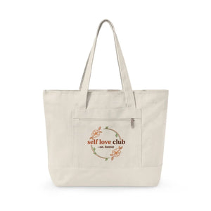 Floral Love Club Canvas Tote - Zippered Cotton Bag - Dipaliz - Bags