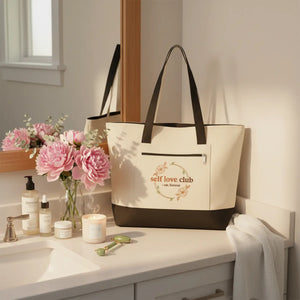 Floral Love Club Canvas Tote - Zippered Cotton Bag - Dipaliz - Bags