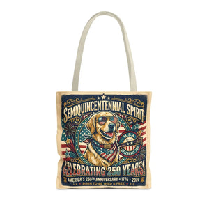 Semiquincentennial Spirit Tote Bag - Celebrating 250 Years Patriotic Golden Retriever Design - Bags