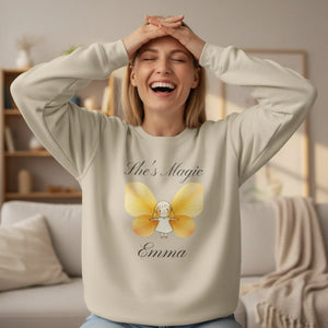 She’s Magic Custom Name Sweatshirt, Personalized Yellow Butterfly Fairy Crewneck - Sweatshirts - m