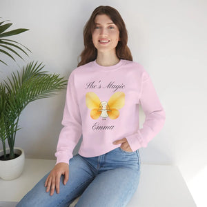 She’s Magic Custom Name Sweatshirt, Personalized Yellow Butterfly Fairy Crewneck - Sweatshirts - m