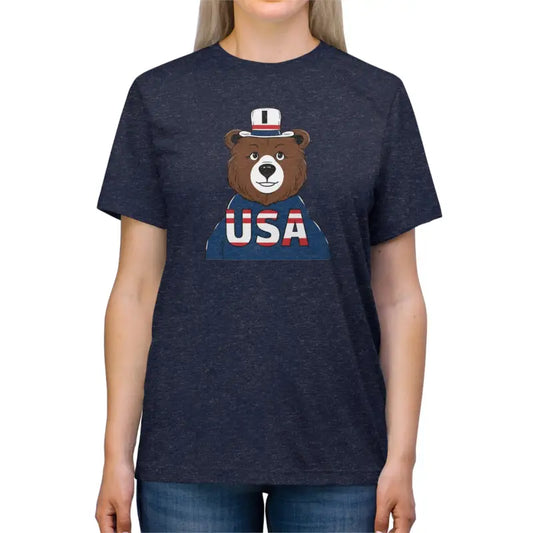 Strut in Style: Patriotic Bear with Usa Flag T-shirt - Navy Triblend / s T-shirt