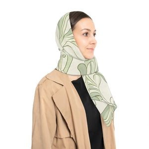 Silk-feel Green Botanical Scarf – Soft Sage Leaf Pattern Poly - Neck Gaiters