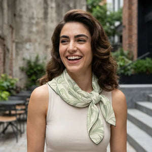 Silk-feel Green Botanical Scarf – Soft Sage Leaf Pattern Poly - Neck Gaiters