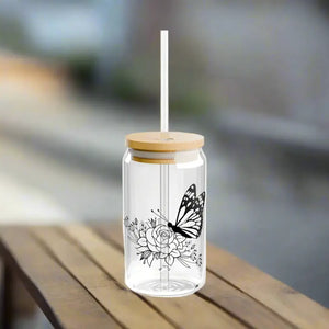 Butterfly on Rose Sipper Glass with Bamboo Lid - Dipaliz - Tumblers