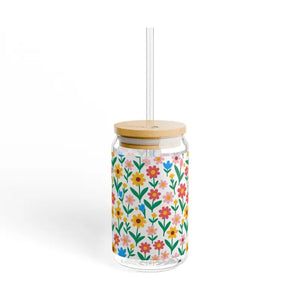 Floral Glass Tumbler with Bamboo Lid and Tritan Straw - Dipaliz - Tumblers