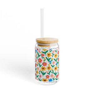 Floral Glass Tumbler with Bamboo Lid and Tritan Straw - Dipaliz - Tumblers
