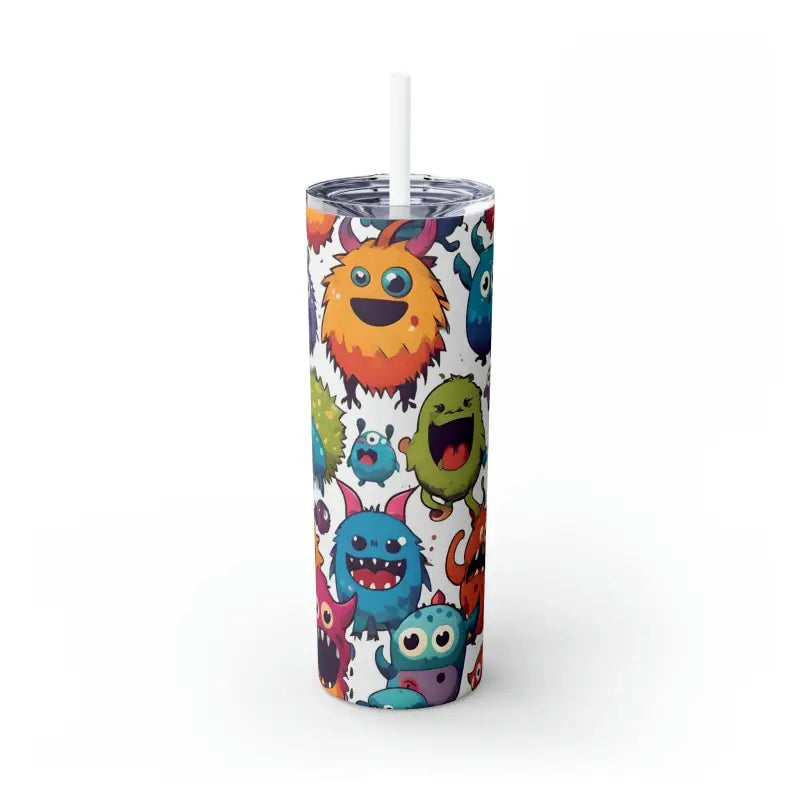 Sip in Style: Skinny Steel Tumbler with Cute Colorful Monsters - Glossy / White / 20oz Mug