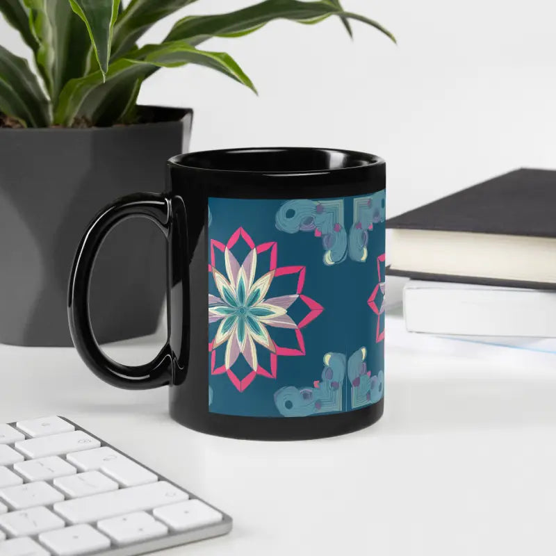 Sip in Style: Pink Geometric Mug with Glossy Black Finish - 11oz