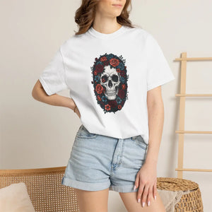 Skull & Roses T-shirt, Gothic Floral Tee for Day of the Dead Alternative Style - T-shirts