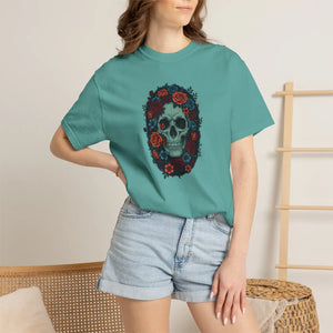 Skull & Roses T-shirt, Gothic Floral Tee for Day of the Dead Alternative Style - T-shirts