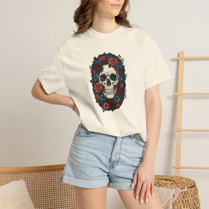 Skull & Roses T-shirt, Gothic Floral Tee for Day of the Dead Alternative Style - T-shirts