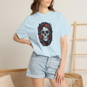 Skull & Roses T-shirt, Gothic Floral Tee for Day of the Dead Alternative Style - T-shirts
