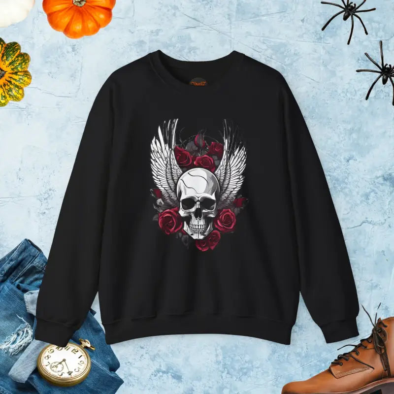 Unlock Halloween Vibes: Skull & Roses Heavy Blend Crewneck - s / Black Sweatshirt