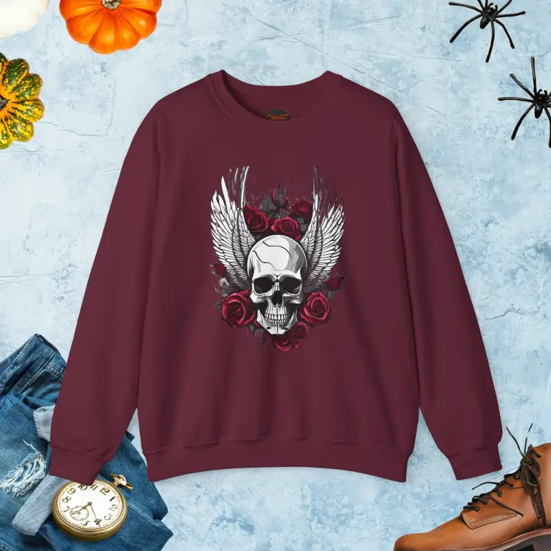 Unlock Halloween Vibes: Skull & Roses Heavy Blend Crewneck - s / Maroon Sweatshirt