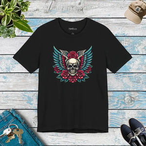 Skull with Wings and Roses Short Sleeve Tee - Dipaliz - Black / s - T-shirts