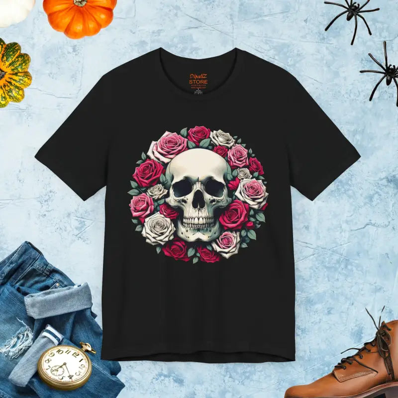 Halloween Unisex Jersey Tee: Skulls & Roses Vibe - Black / s T-shirt